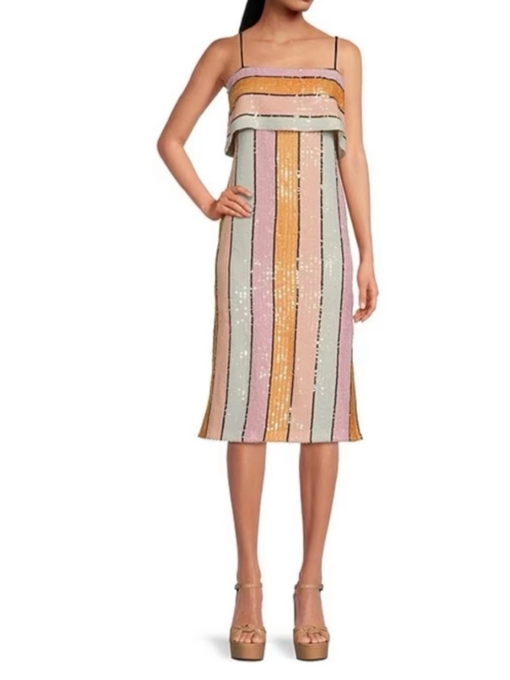 Gianni Bini Halston Multi-color Pastel Sequin Striped Cocktail Midi Dress Size 2